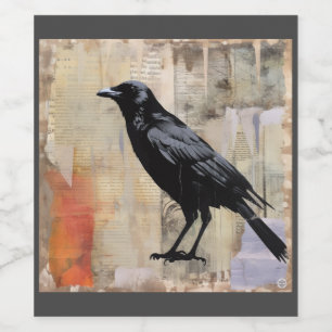 Kraai met krantenprint collage achtergrond wijn etiket