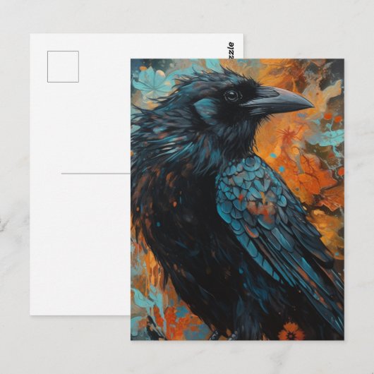 Kraai op blauwe en Oranje achtergrond Briefkaart (Voorkant / Achterkant)