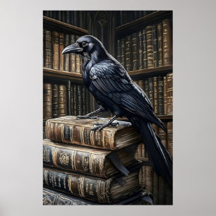 Kraai op Boeken Vintage Kunstprint, Donkere Academ Poster