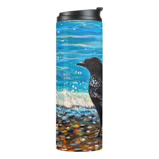 Kraai op het strand 2 Schilderij Thermosbeker (Gedraaid links)