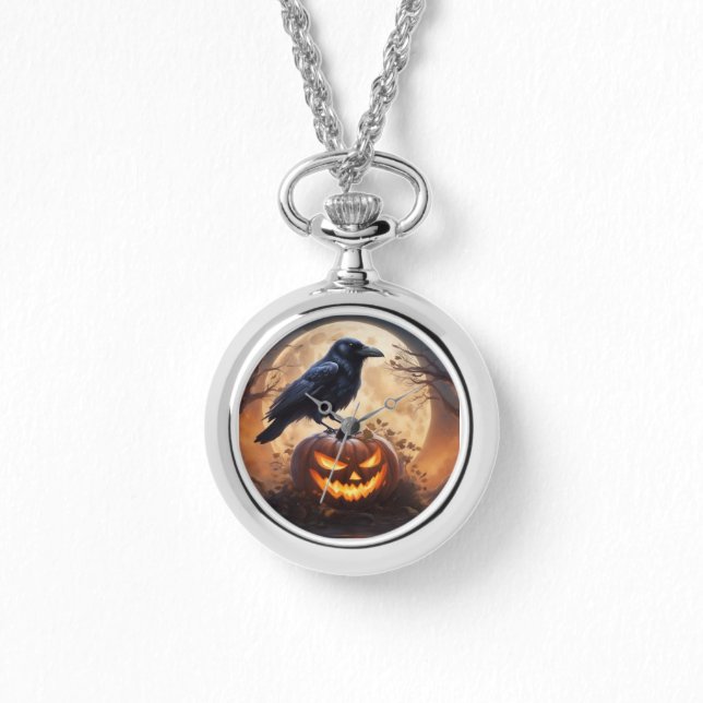 Kraai op Jack-o-Lantern Horloge (Voorkant)