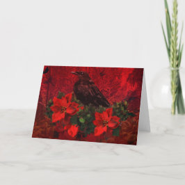 Kraai op Poinsettia en de Kerstkaart van de Hulst Feestdagen Kaart