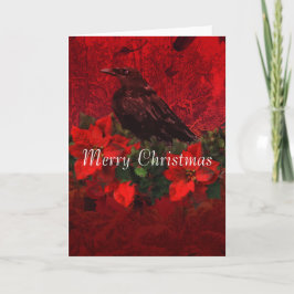 Kraai op Poinsettia en de Kerstkaart van de Hulst Feestdagen Kaart