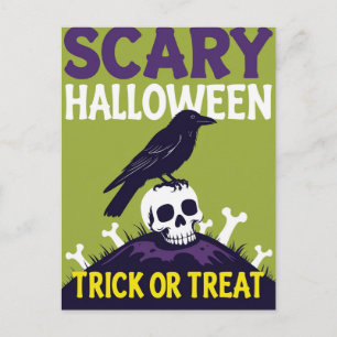Kraai op Schedel Snoep of een Leven Halloween Feestdagenkaart