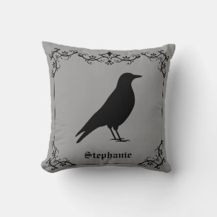 Kraai Vogel Silhouet En Decoratieve Krullen Grijs Kussen