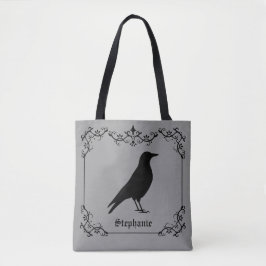 Kraai Vogel Silhouet En Decoratieve Krullen Grijs Tote Bag