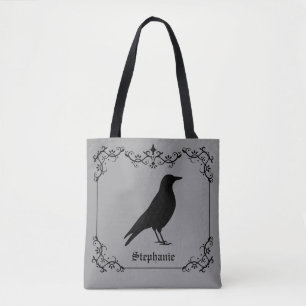 Kraai Vogel Silhouet En Decoratieve Krullen Grijs Tote Bag