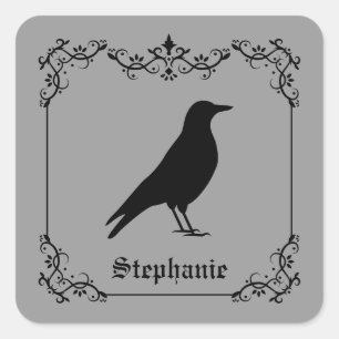 Kraai Vogel Silhouet En Decoratieve Krullen Grijs Vierkante Sticker