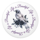 Kraai Vogel Zwarte Rozen Script Natuur Keramische Knop (Voorkant)