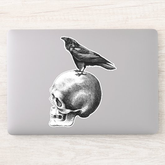 Kraai zittend op menselijke schedel gothic kunst sticker (Computer)