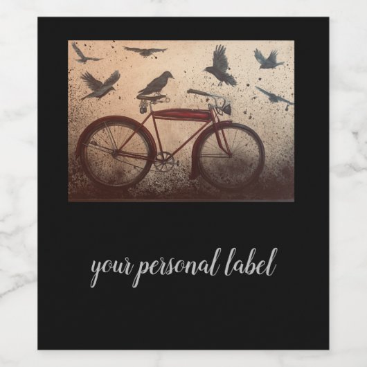 Kraaien verzamelen zich bij een rode  fiets wijn etiket (Enkel label)