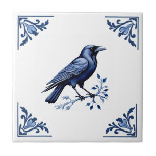 Kraaivogel Delfts Blauw en Witte Bloemhoeken Tegeltje