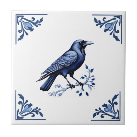 Kraaivogel Delfts Blauw en Witte Bloemhoeken Tegeltje (Voorkant)