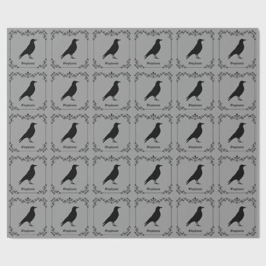 Kraaivogel silhouet en decoratieve wervelingen gri cadeaupapier (Vlak)