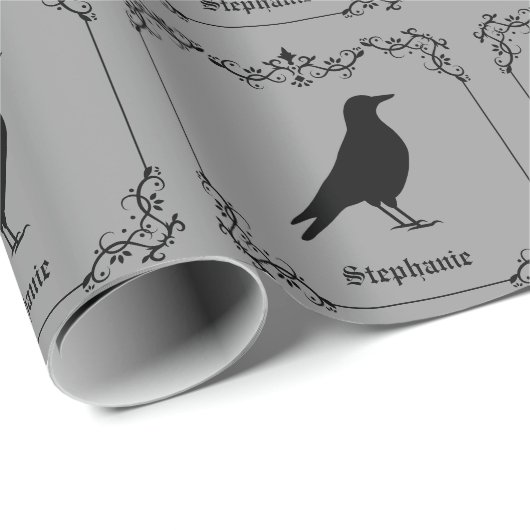 Kraaivogel silhouet en decoratieve wervelingen gri cadeaupapier (Rol Hoek)