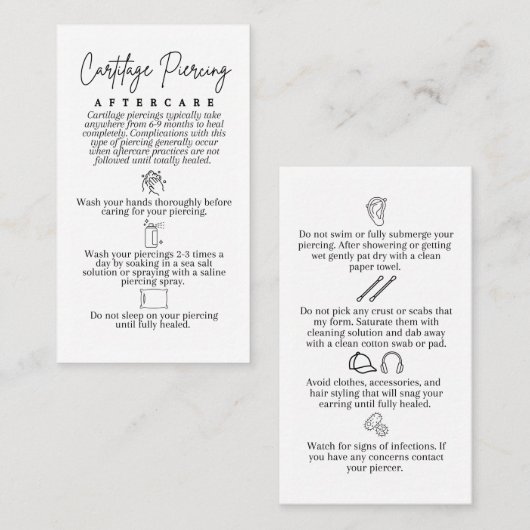 Kraakbeen Piercing Nazorg Kaart voor Oorverzorging (Voorkant / Achterkant)