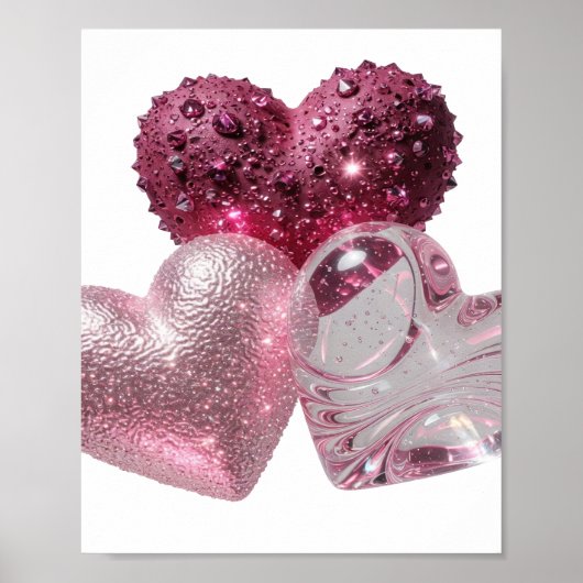 Kraakhelder Zilver DRIE HARTEN 3D Tekst Kunst Poster (Voorkant)