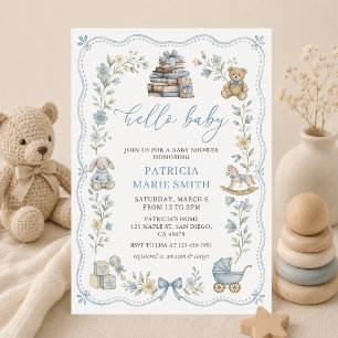 Kraamcadeaus blauwe bloemige baby shower uitnodigi kaart