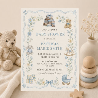 Kraamcadeaus blauwe bloemige baby shower uitnodigi kaart