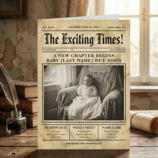 Kraamnieuws aankondiging in vintage goud krant