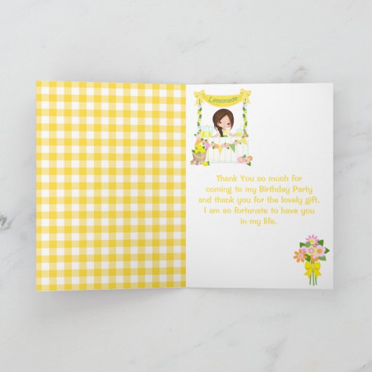 Kraampje met limonade verjaardag bruin haar meisje bedankkaart (Binnen)