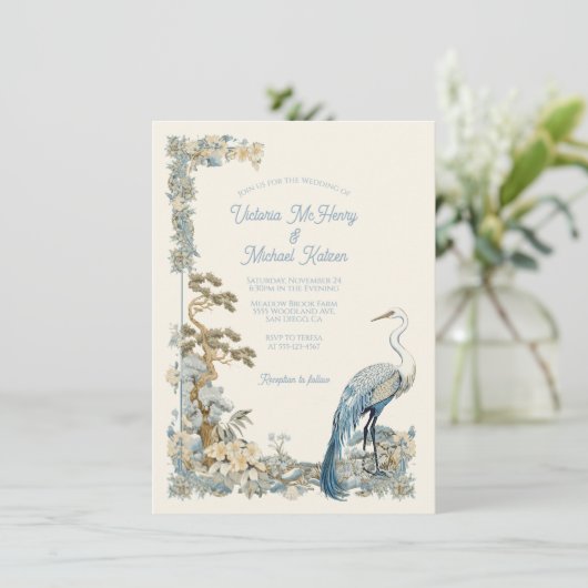 Kraan floral Aziatisch Bayou Natuur Bruiloft Kaart (Staand voorkant)