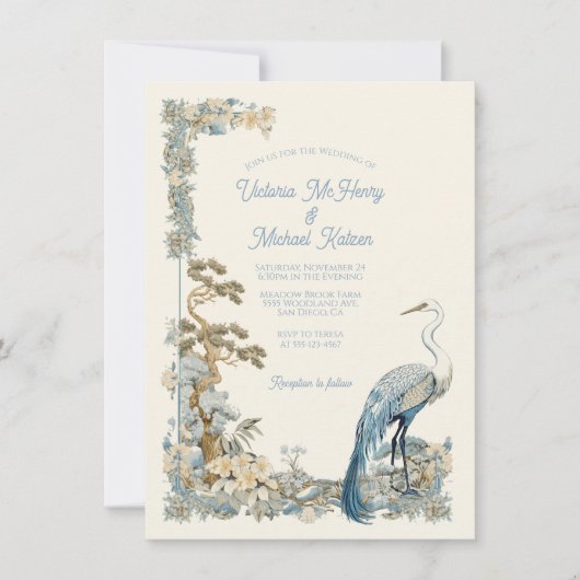 Kraan floral Aziatisch Bayou Natuur Bruiloft Kaart (Voorkant)