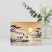 Kraan in het moeras bij zonsondergang Chinese inkt Briefkaart (Staand voorkant)