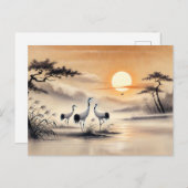 Kraan in het moeras bij zonsondergang Chinese inkt Briefkaart (Voorkant / Achterkant)