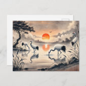 Kraan in het moeras bij zonsondergang Chinese inkt Briefkaart (Voorkant / Achterkant)