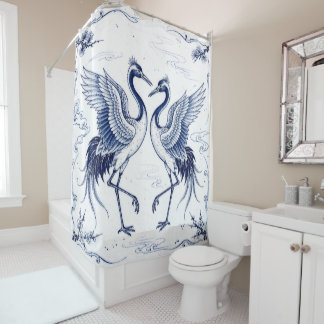 Kraanvogel Dans Japanse Imari Ware Stijl Blauw Wit Douchegordijn