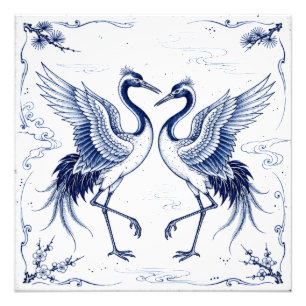 Kraanvogel Dans Japanse Imari Ware Stijl Blauw Wit Foto Afdruk