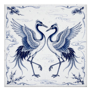 Kraanvogel Dans Japanse Imari Ware Stijl Blauw Wit Perfect Poster