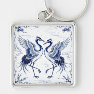 Kraanvogel Dans Japanse Imari Ware Stijl Blauw Wit Sleutelhanger