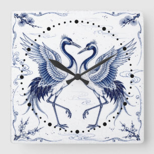 Kraanvogel Dans Japanse Imari Ware Stijl Blauw Wit Vierkante Klok