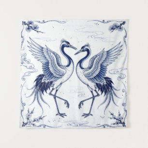 Kraanvogel Dans Japanse Imari Ware Stijl Blauw Wit Wandkleed