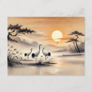Kraanvogel in het moeras bij zonsondergang Chinese Briefkaart
