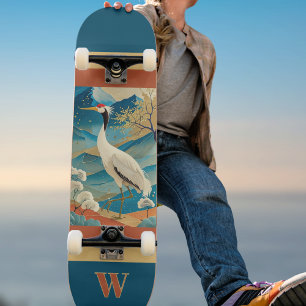 Kraanvogel met bergen en herfstbomen Japans Persoonlijk Skateboard
