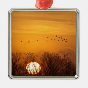 Kraanvogels als silhouet tegen opkomende zon metalen ornament