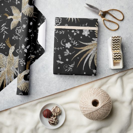 Kraanvogels en Bloemen Patroon Cadeaupapier (Crafts)