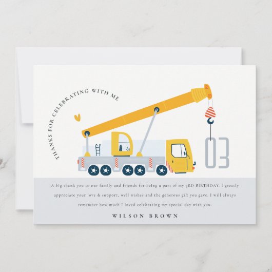 Kraanwagen Bouwvoertuig Kinderen Verjaardag Bedankkaart (Voorkant)
