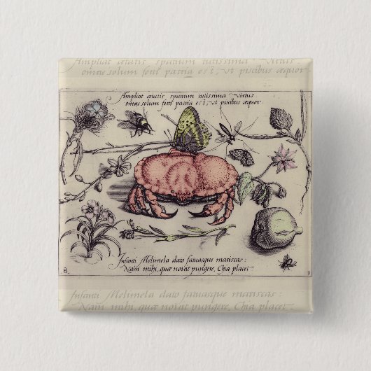 Krab Botanische Insect Bloem Illustratie Vierkante Button 5,1 Cm (Voorkant)