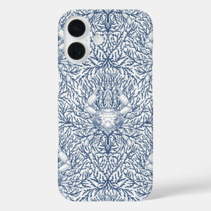 Krab en zee wiet in wit en marineblauw iPhone 16 hoesje