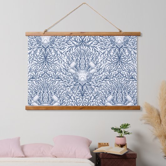Krab en zee wiet in wit en marineblauw hangend wandkleed (Slaapkamer)