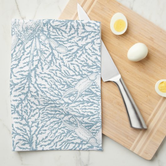 Krab en zee wiet, kustzomer in wit en lig theedoek (Quarter Fold)