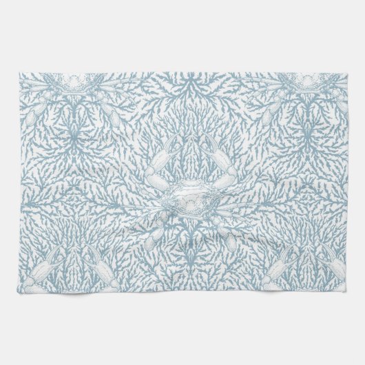 Krab en zee wiet, kustzomer in wit en lig theedoek (Horizontaal)