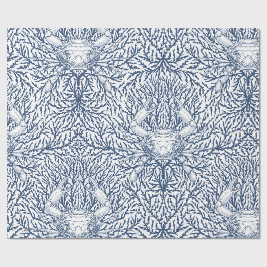 Krab en zee wiet, kustzomer in wit en nav cadeaupapier (Vlak)