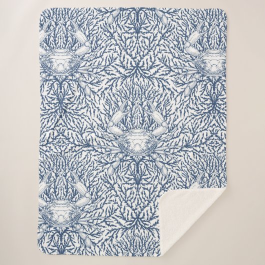 Krab en zee wiet, kustzomer in wit en nav sherpa deken (Voorkant)