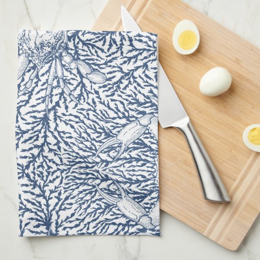 Krab en zee wiet, kustzomer in wit en nav theedoek (Quarter Fold)