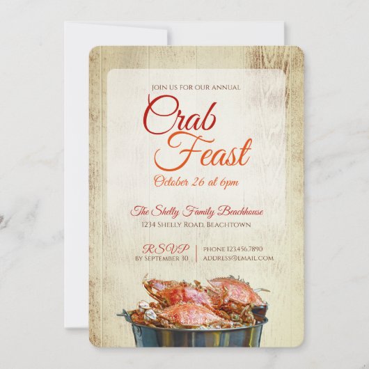 Krab Feest Kust Zeevruchten Diner Rustieke Strands Kaart (Voorkant)